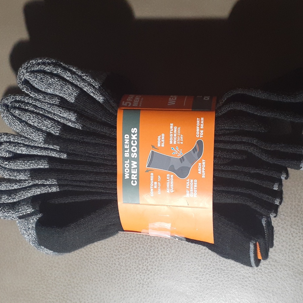 Weatherproof Men's Black w/Gray Heel Crew Socks - 5 Pair - Size: 6-12